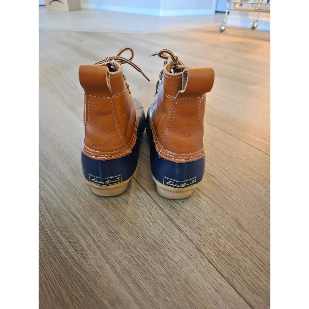 Vintage 90s Eddie Bauer Women's Sherpa Lined Navy Tan Leather Duck Boots Size 8